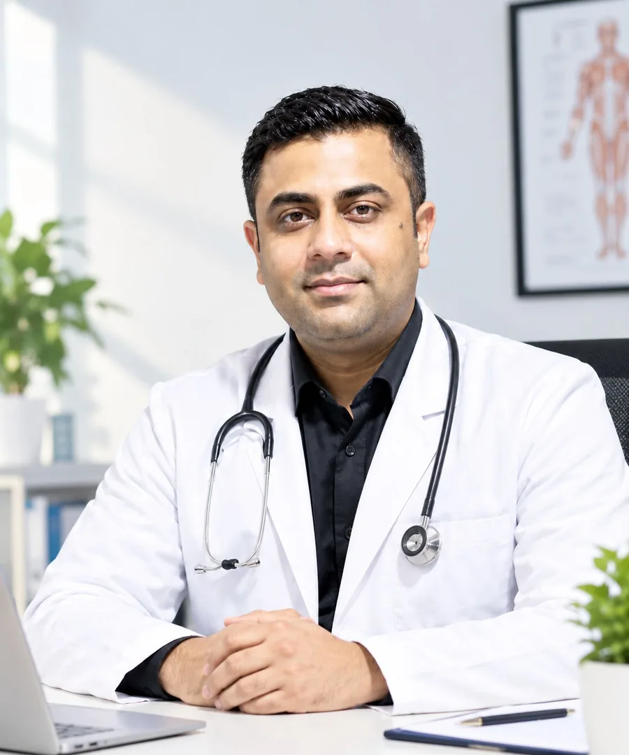 डॉ. अविनाश सिन्हा, सफ़ेद कोट और स्टेथोस्कोप के साथ, क्लिनिक में